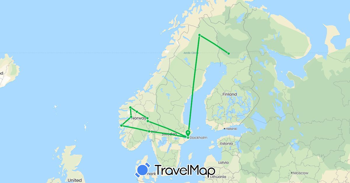 TravelMap itinerary: driving, bus in Finland, Norway, Sweden (Europe)